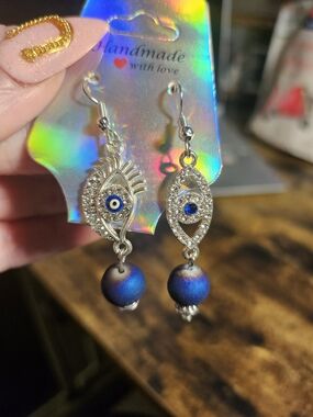 Handmade Silver-Tone Blue Evil Eye Drop Earrings
